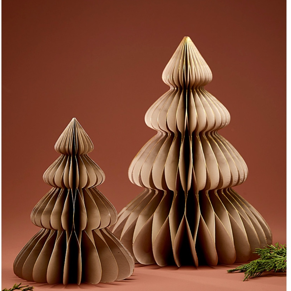Handcrafted cream and gold 3D paper firs Christmas trees set of 2 NWT